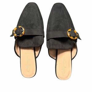 Lily Morgan Black Faux Suede Mules Slides with Tortoise Buckle Size 7
